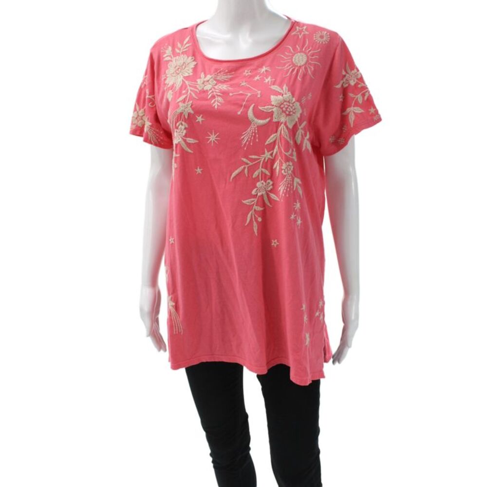 Johnny Was Womens Tunic Pink Silk Short Sleeve Round Neck Floral Size M